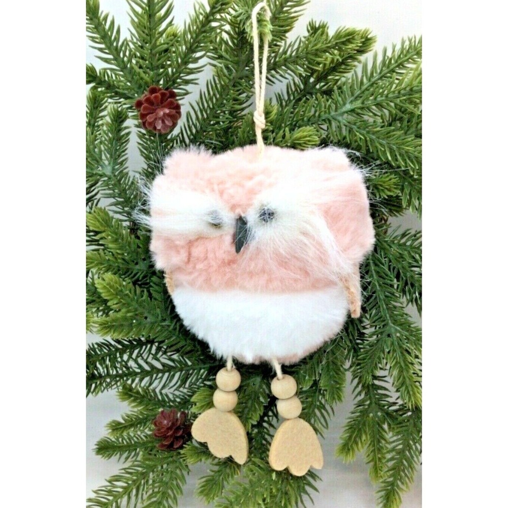 Pink Fuzzy Owl Christmas Tree Ornament Wooden Legs White Bushy Eyebrows‎